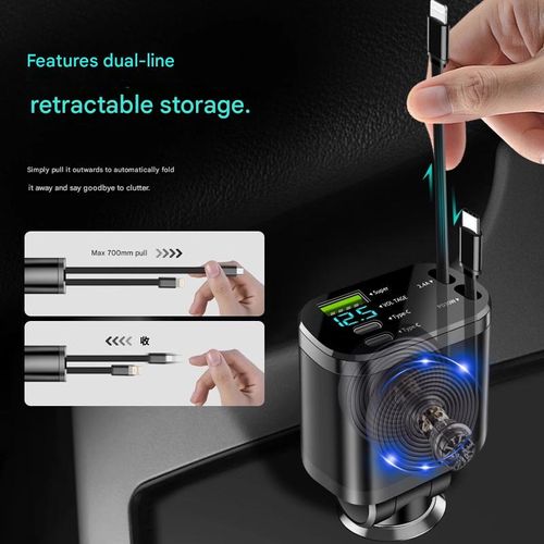2026New Model Car Charger with Retractable Cable — 120W Super Fast Charging, Dual-Port Cigarette Lighter Adapter (Universal Compatibility)