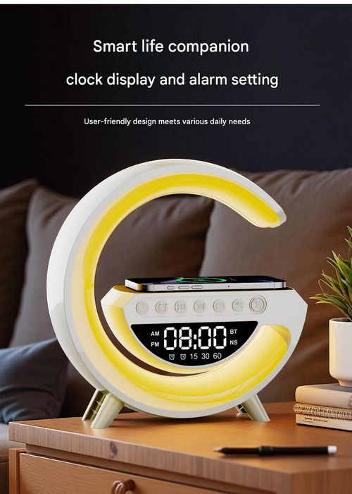 Multifunctional Ambient Desk Lamp with Wireless Charging, Bluetooth Speaker, Alarm Clock, and Night Light