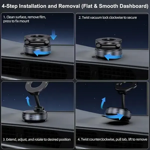 Universal Magnetic Car Phone Holder Strong Vacuum Suction Cup Mount for All Smartphones & Vehicles Foldable Design Works on Dashboard Gym & Bathroom Mirrors