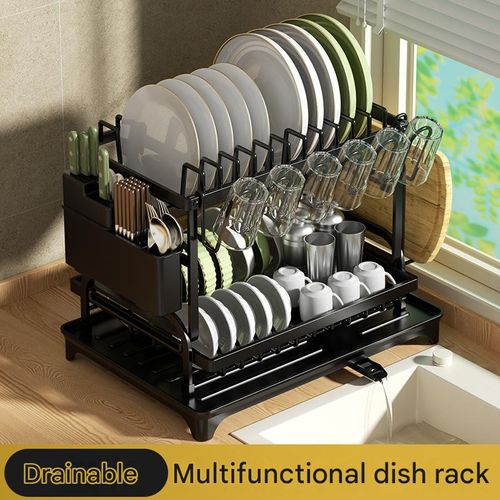 Two-tier kitchen storage rack and dish drying rack