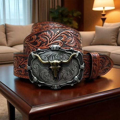 Western Cowboy-Style Men's Leather Belt — Vintage Embossed Bull Head Design, American-Style Trendy Jeans Waistband