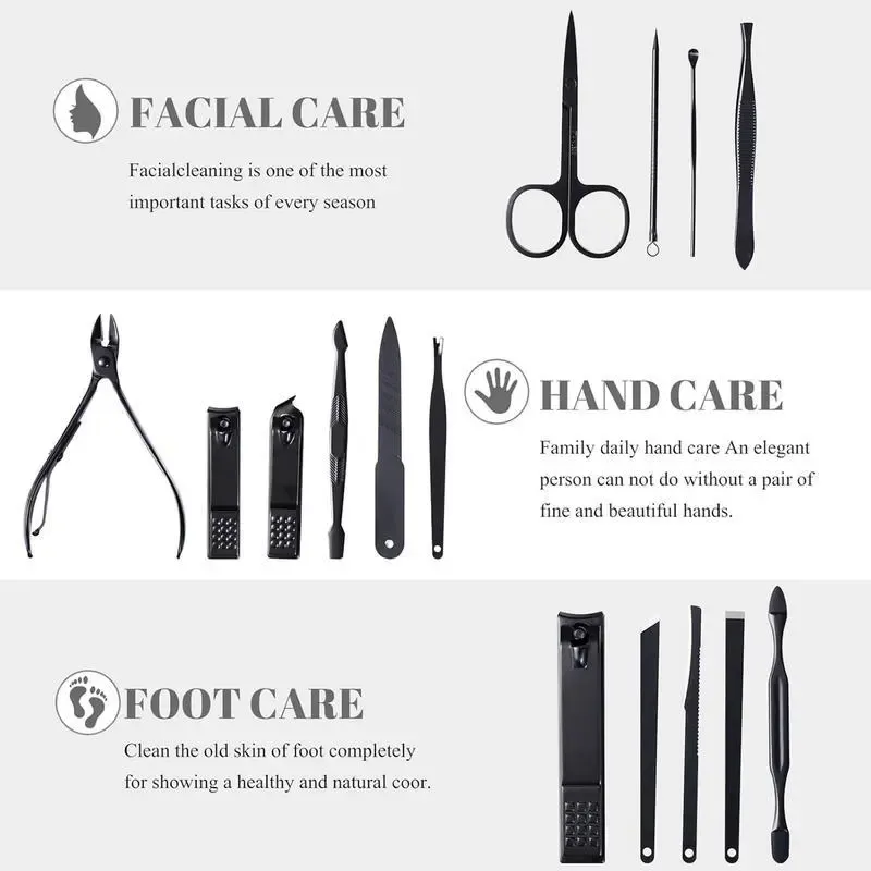 Black 24-piece nail clipper set, in stock and ready to ship, stainless steel complete set of nail care tools and nail clippers.