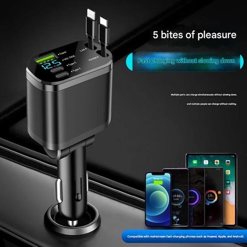 2026New Model Car Charger with Retractable Cable — 120W Super Fast Charging, Dual-Port Cigarette Lighter Adapter (Universal Compatibility)