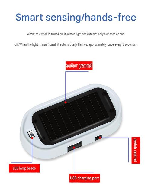 Solar-powered simulated car anti-theft warning light