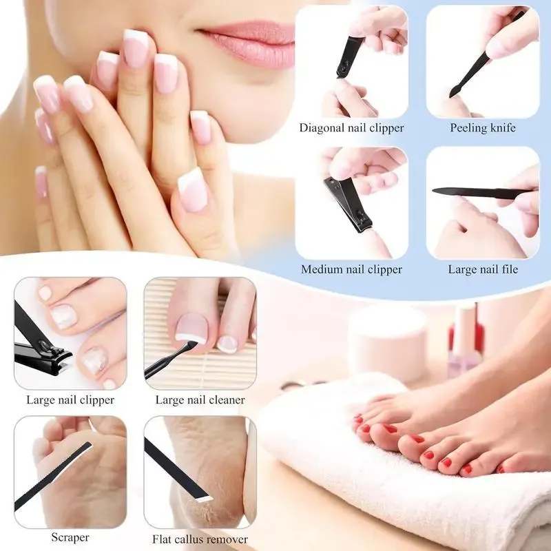 Black 24-piece nail clipper set, in stock and ready to ship, stainless steel complete set of nail care tools and nail clippers.