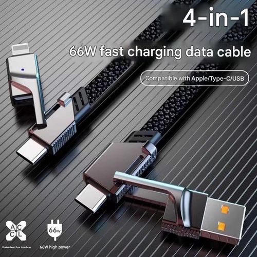 4-in-1 Super Fast Charging Cable  USBAndroid PD 66W Charging, Lightning Data, and Dual Type-C Connectors