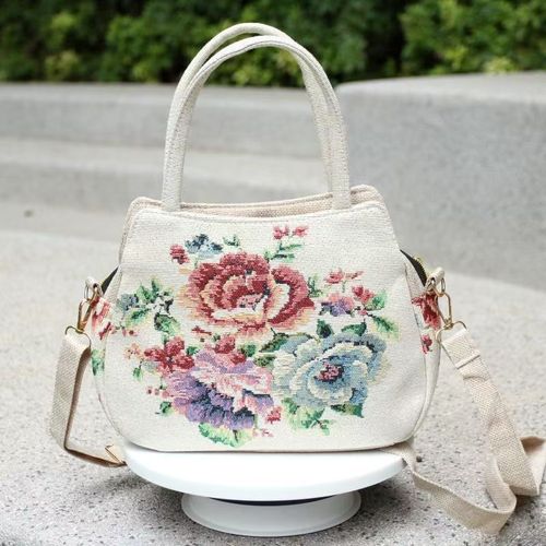 Canvas Handbag with Gold Thread Embroidery—Dual-Use as a Handbag or Crossbody Bag