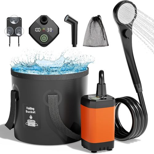 Portable Rechargeable Camping Shower with 6000mAh Pump, Filtered Shower Head, Spray Gun & 5‑Gallon Foldable Bucket, Ideal for Outdoor Hiking, Beach, RV, Pet Bath, Car & Motorcycle Washing