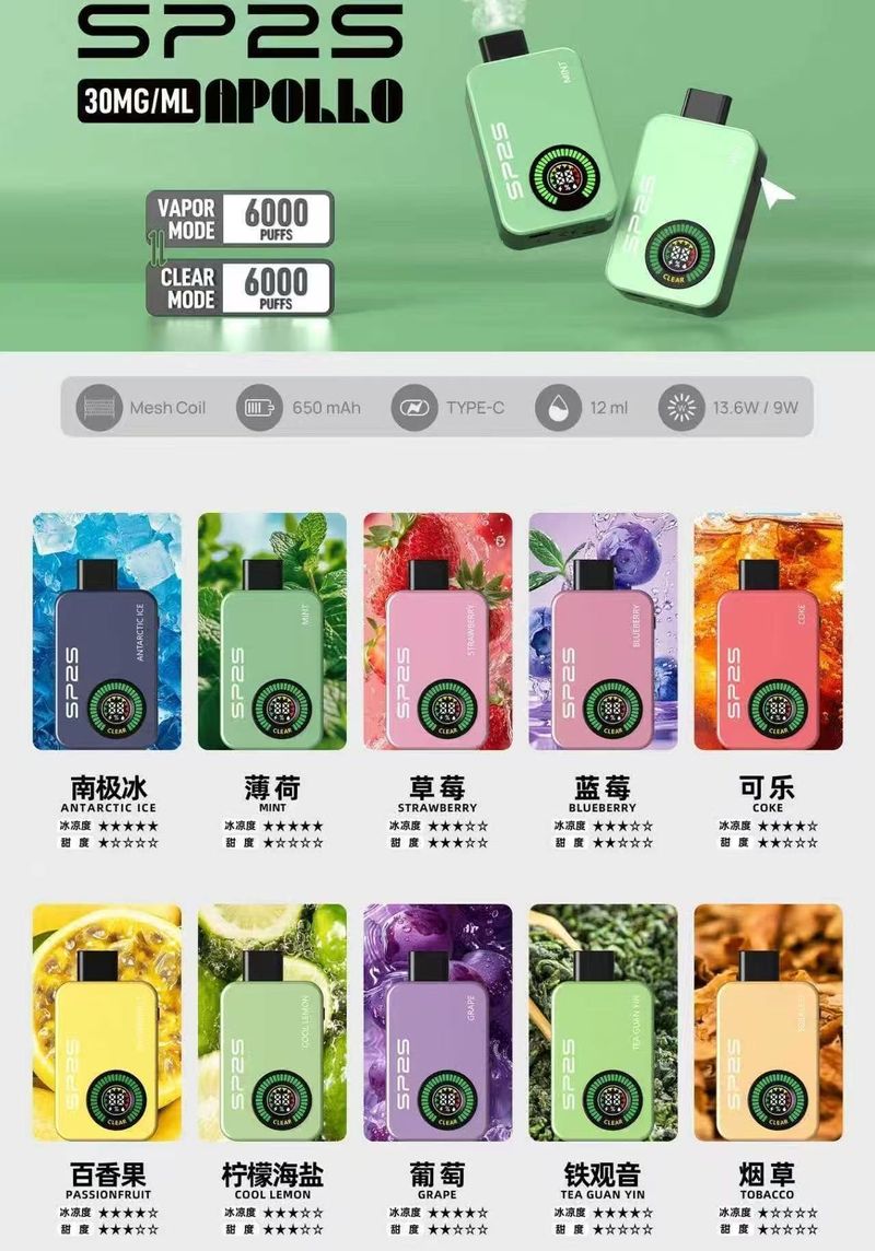 SP2S Apollo 12000拋棄式電子煙值得入手！雙模式低煙 Mesh網芯 Type C充電款