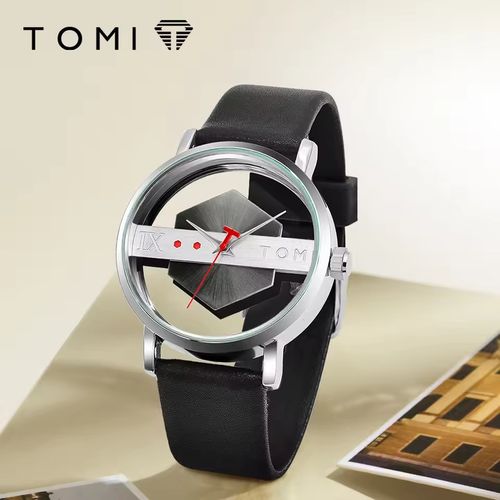 TOMI Fashionable and Minimalist Strap Personalized Hollow Perspective Glass Bottom Cover Quartz Watch