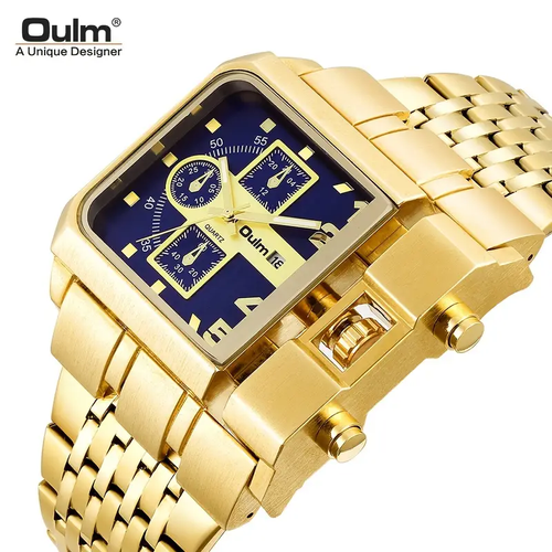 Oulm Men's Steel Band Calendar Watch Golden Large Dial Quartz Business Watch, Ideal choice for Gifts