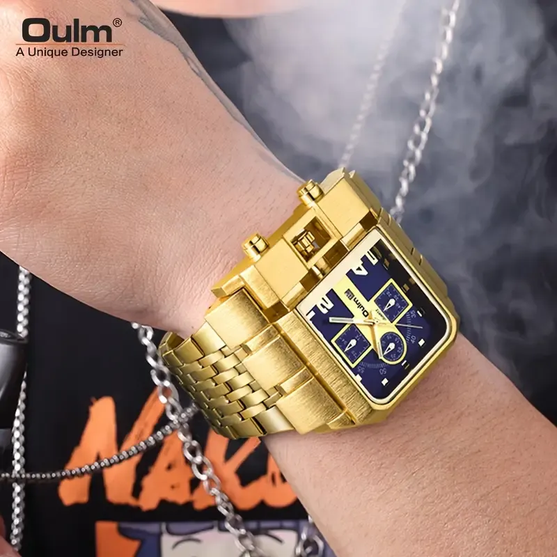 Oulm Men's Steel Band Calendar Watch Golden Large Dial Quartz Business Watch, Ideal choice for Gifts