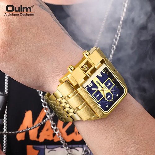 Oulm Men's Steel Band Calendar Watch Golden Large Dial Quartz Business Watch, Ideal choice for Gifts