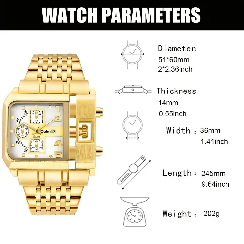 Oulm Men's Steel Band Calendar Watch Golden Large Dial Quartz Business Watch, Ideal choice for Gifts