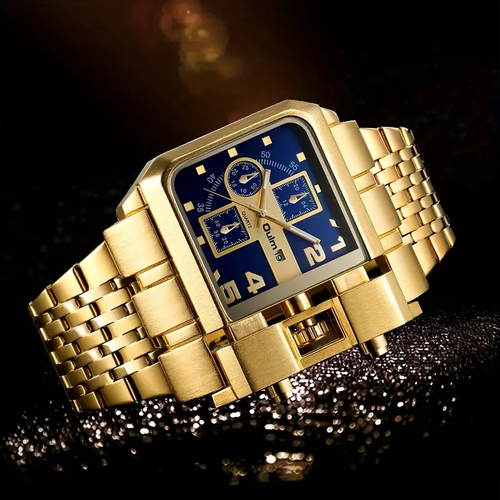 Oulm Men's Steel Band Calendar Watch Golden Large Dial Quartz Business Watch, Ideal choice for Gifts