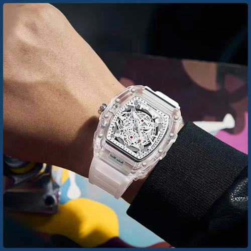 KIMSDUN-Stylish Skeleton Sport Watches, Waterproof, Analog Quartz Date Calendar Wristwatch, Transparent Tonneau Case Casual Watch, Silicone Strap for Men Unisex
