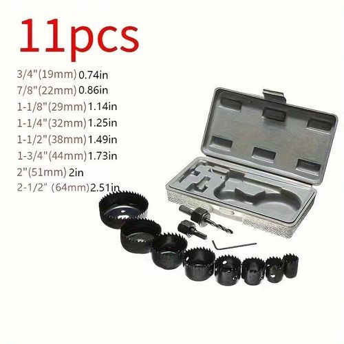 🔥🔥🔥Hole Saw Set, 11 Each Hole Saw Set Tool - 19-64mm Wood Metal Alloy Round with Case