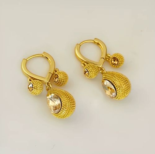 Gold-Tone Textured Durian-Shaped Hoop Earrings with Teardrop Gem Accents