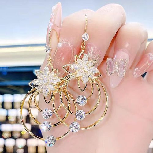 Gold-Tone Five-Petal Crystal Flower Multi-Layer Hoop Earrings