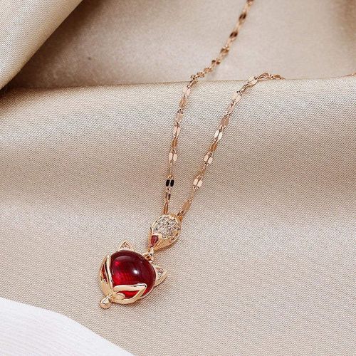 Rose Gold Fox Pendant Necklace: Luminous Red Gemstone with Sparkling Crystal Accents
