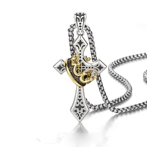 Two-Tone Silver & Gold Cross Necklace with Vintage Crown Accent - Stylish Engraved Fashion Jewelry for Men & Women