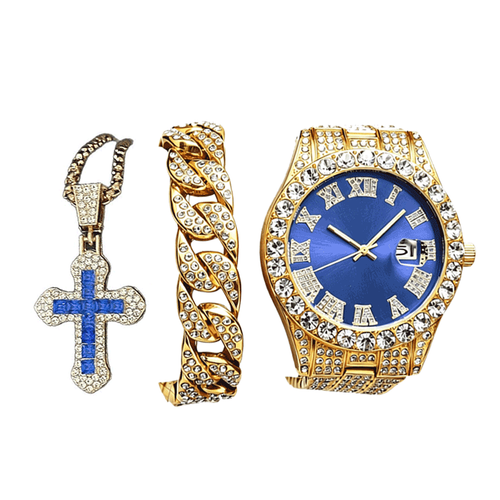 Luxury Men's 3-Piece Set: Full Diamond Quartz Watch, Cross Necklace & Sports Bracelet