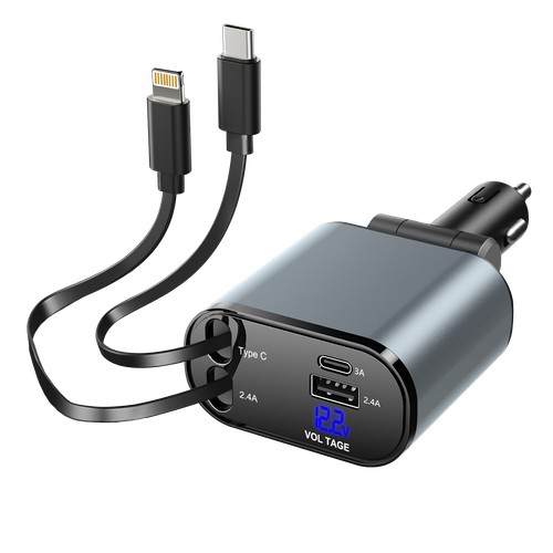 120W Car Charger Super Fast Charger, 4-in-1 Retractable Charging Cable, Compatible with iPhone & Type-C