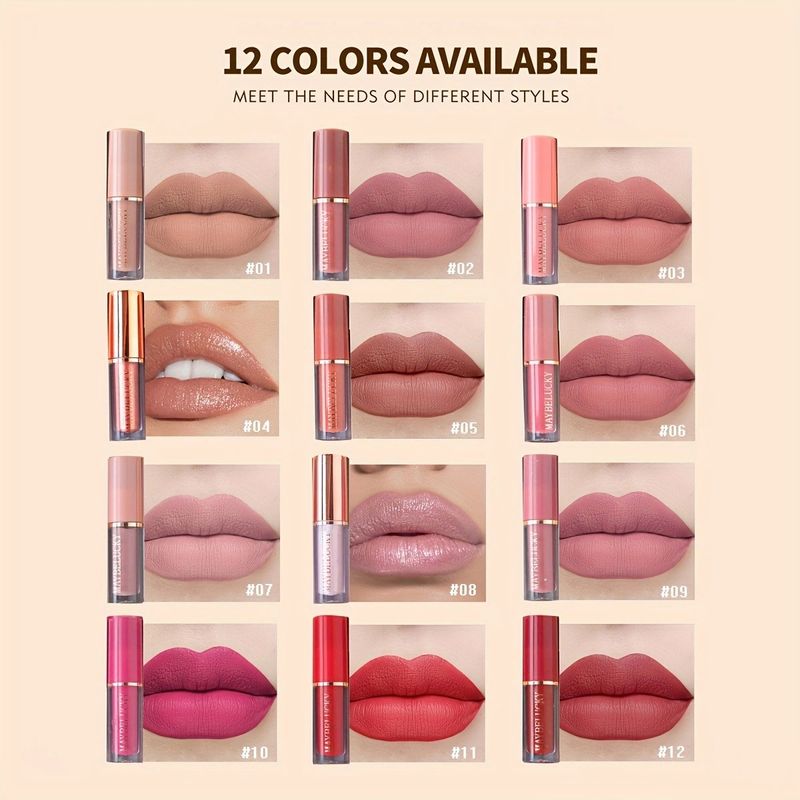 Conjunto de 12 Batons com Brilho, Não Mancha o Copo, Hidratante e Novo