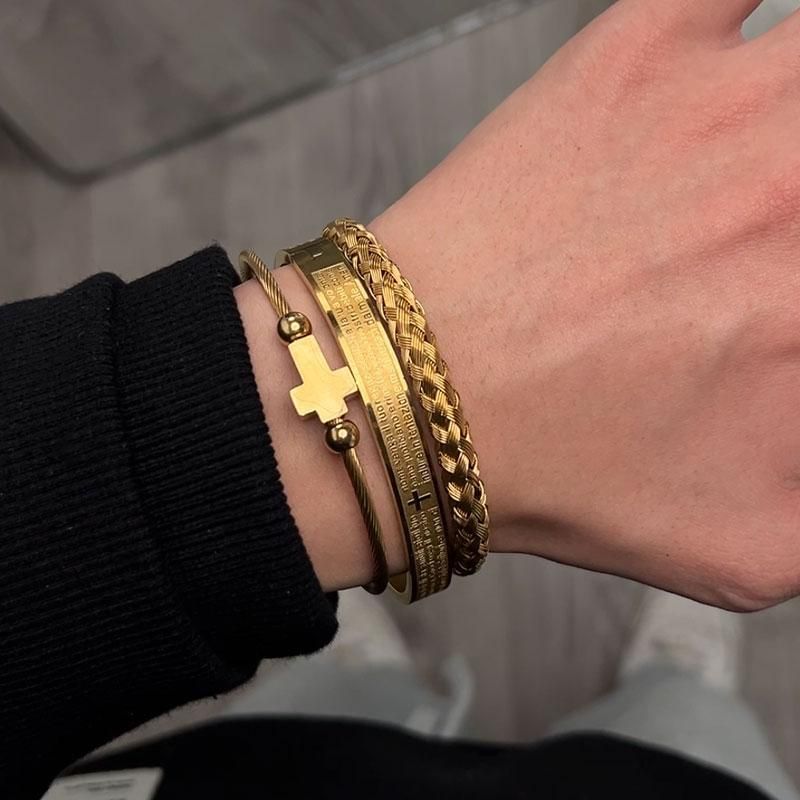 Pulseira de titânio aço com relevo de escritura da cruz, pulseira masculina com números romanos dourados estilo europeu-americano, pulseira em camadas de luxo discreto
