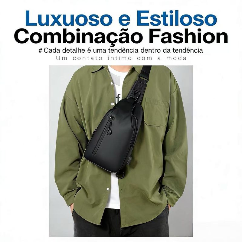 Bolsa Transversal Masculina à Prova d'Água com Porta USB e Compartimento para Fone de Ouvido