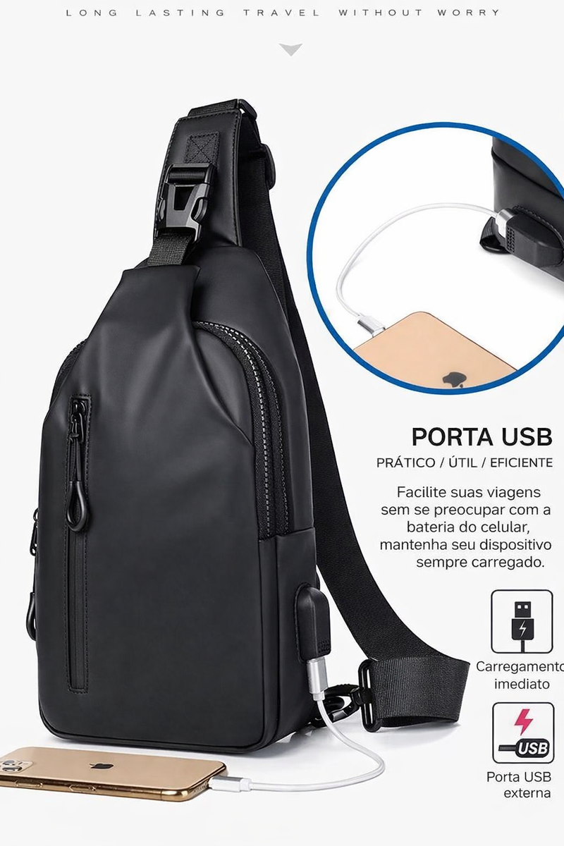 Bolsa Transversal Masculina à Prova d'Água com Porta USB e Compartimento para Fone de Ouvido