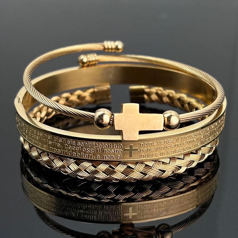 Pulseira de titânio aço com relevo de escritura da cruz, pulseira masculina com números romanos dourados estilo europeu-americano, pulseira em camadas de luxo discreto