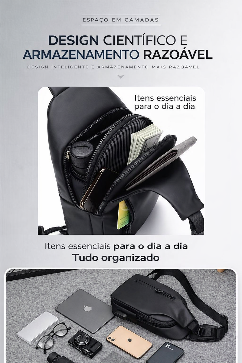 Bolsa Transversal Masculina à Prova d'Água com Porta USB e Compartimento para Fone de Ouvido