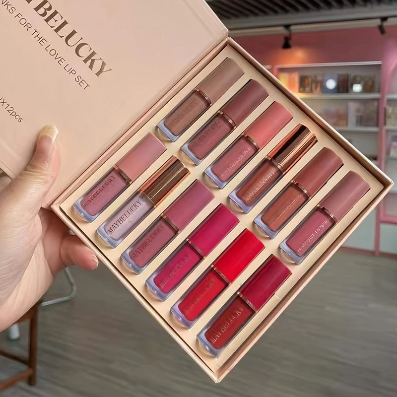 Conjunto de 12 Batons com Brilho, Não Mancha o Copo, Hidratante e Novo