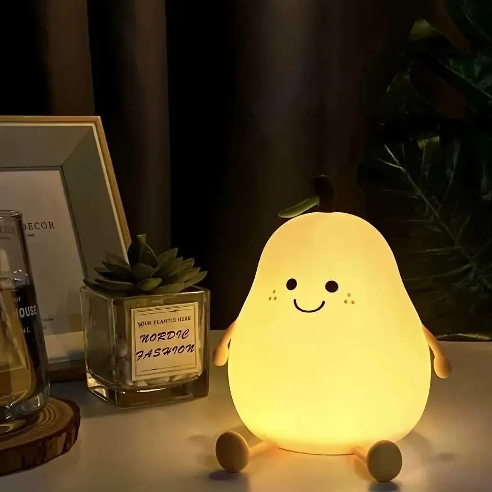 Cute Night Light Rechargeable with 7 Color Changing and Timer, Kids Pear Night Light for Toddler Baby Christmas Gifts, Touch Portable LED Silicone Lamp for Nursery