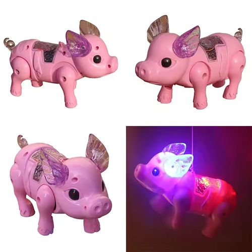 Motorized pull string animal toy pig with glow-in-the-dark music