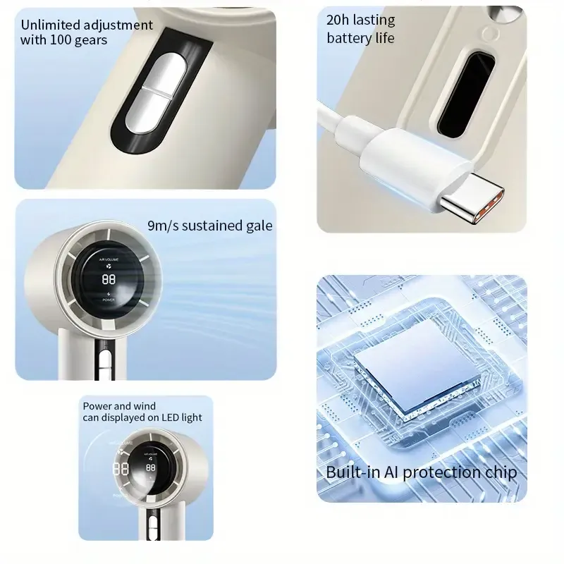 Portable Handheld Turbo Fan - 3 Wind Speeds, USB Rechargeable, LED Display, Compact & Powerful for Indoor-Outdoor Use