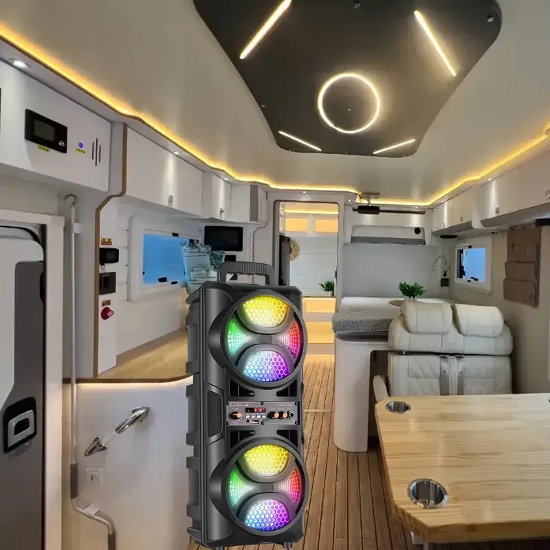 Dual 6.5in Portable Speaker, Wireless Sub Woofer Heavy Bass Sound System, Car Stereo Receivers, with LED Lights, Mic, for Outdoor RV Party-Black