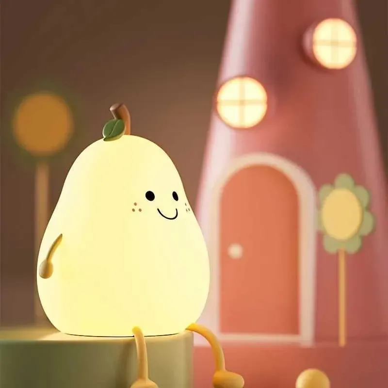 Cute Night Light Rechargeable with 7 Color Changing and Timer, Kids Pear Night Light for Toddler Baby Christmas Gifts, Touch Portable LED Silicone Lamp for Nursery