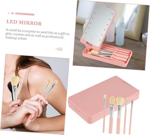 Travel Set Compact Mirror Brushes Makeup Mirror Brush Set with LED Lights