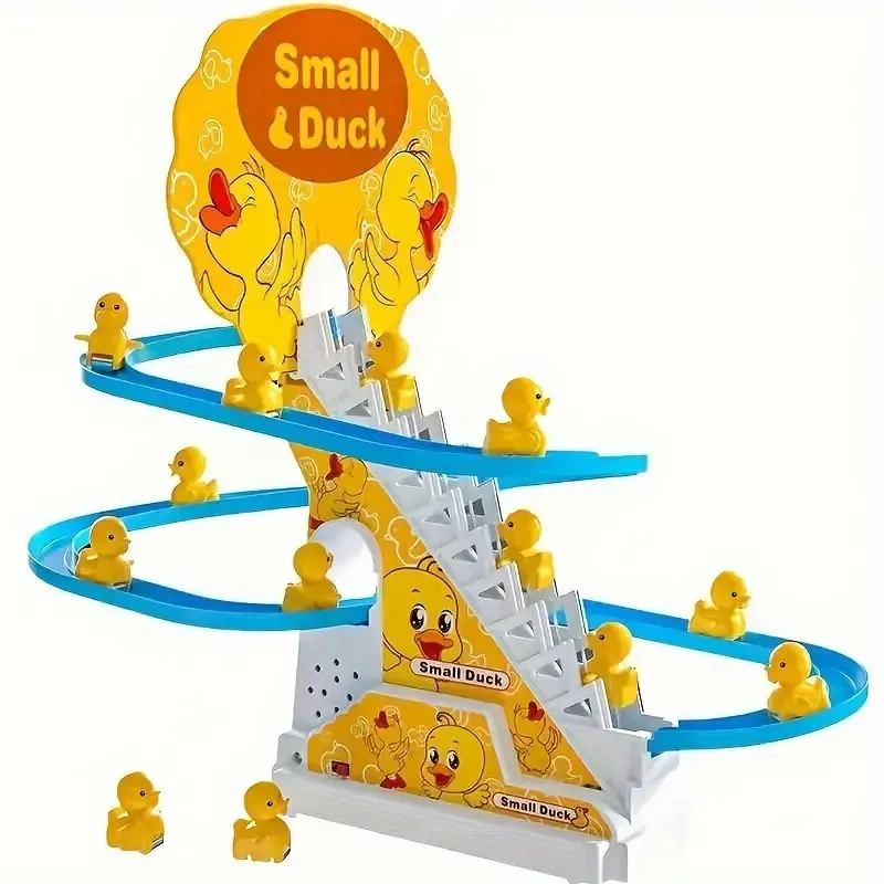 Little yellow duck slide track, light and music, little duck automatically climbs stairs, cute and cute children's toys