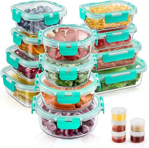 12-Pack Airtight Glass Food Storage Containers with Leakproof Snap Lock Lids - Oven, Microwave & Freezer Safe