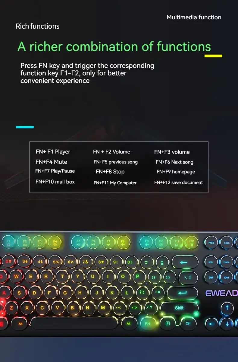 EWEADN GX330 Retro-Style Wired Gaming Keyboard - Experience Ergonomic Comfort with Silent, LED-Backlit Keys and Seamless USB Connectivity for PC and Laptop