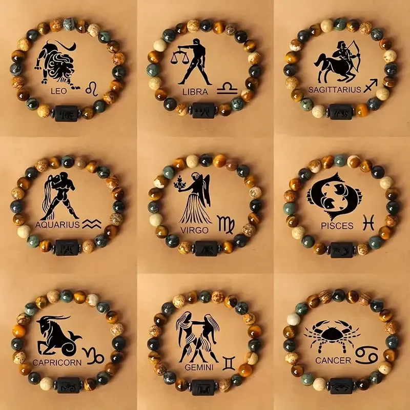 1pc Zodiac Astrology Natural Stone Beaded Bracelet, Fashionable 12 Constellation Designs, Personalized Zodiac Sign Jewelry, Ideal Birthday or Valentine'S Day Gift, 7.48inch