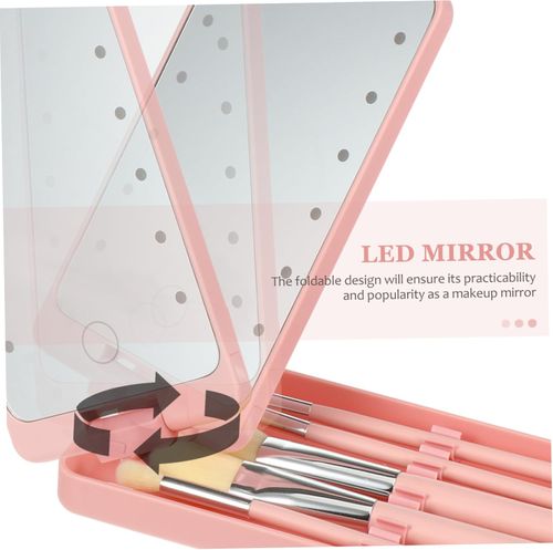 Travel Set Compact Mirror Brushes Makeup Mirror Brush Set with LED Lights