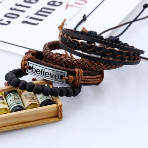 4 In 1 PU Leather Mens Bracelets Retro Braided Adjustable Hand Bracelet