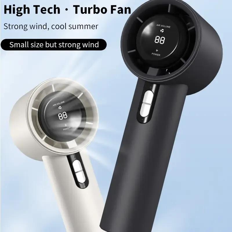 Portable Handheld Turbo Fan - 3 Wind Speeds, USB Rechargeable, LED Display, Compact & Powerful for Indoor-Outdoor Use