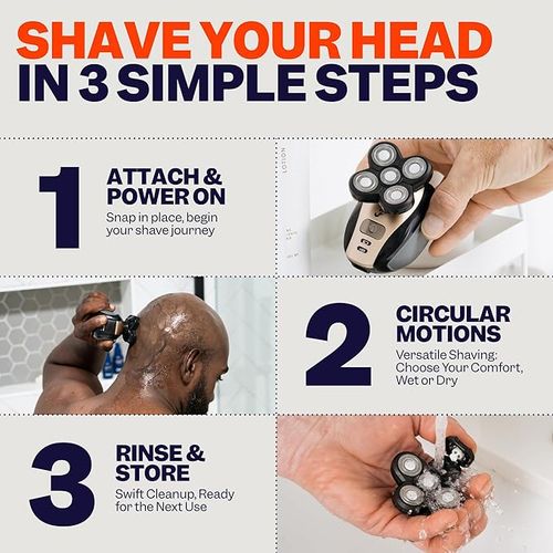 The FlexSeries Electric Head Hair Shaver - Freebird - Ultimate Mens Cordless Rechargeable Wet-Dry Skull & Bald Head Waterproof Razor with Rotary Blades, Clippers, Nose Trimmer, Brush, Massager