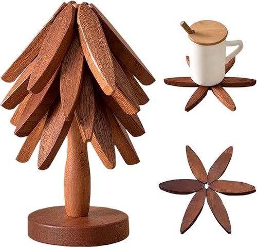 3 Wooden Trivets+1 Stand  Wooden creative walnut one tree solid wood insulation mat Christmas tree insulation table mat home coaster Casserole mat