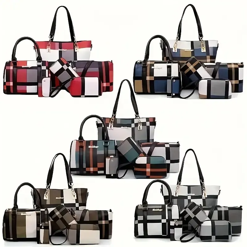 6pcs-set Large Capacity Shoulder Bag with Checkered Pattern and Multiple Functions: Handbag, Crossbody Bag, Clutch Bag, Long & Short Wallet